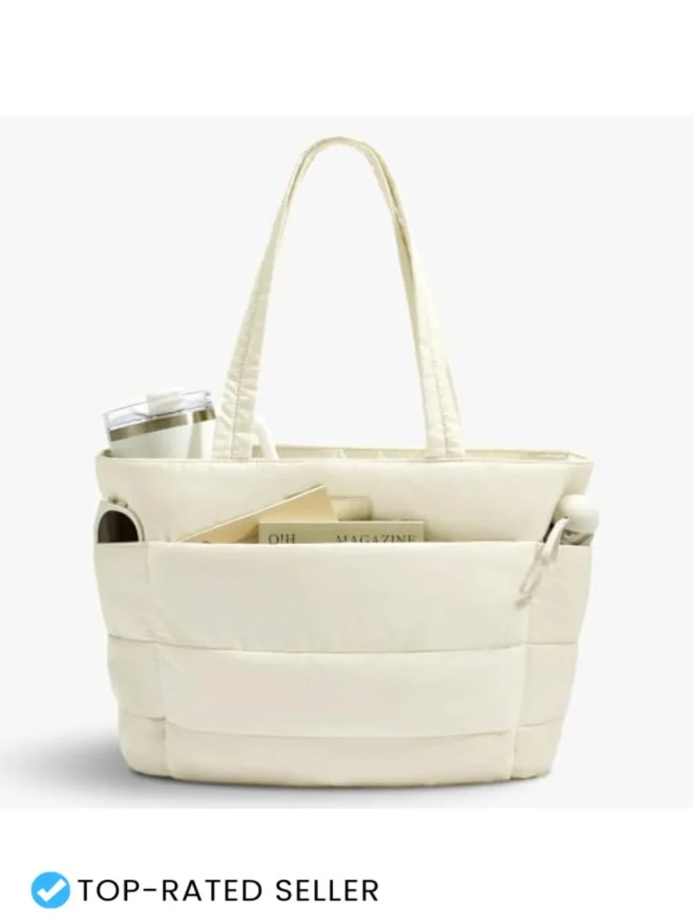 Quilted Nylon Puffer Tote Bag with Zipper, 20L Large Capacity, Fits 15.6